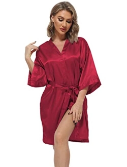 Women's Pure Color Satin Kimono Robes Bridesmaid Wedding Party Dressing Gown,Short