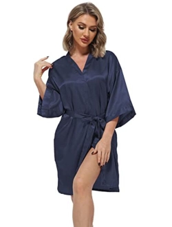 Women's Pure Color Satin Kimono Robes Bridesmaid Wedding Party Dressing Gown,Short