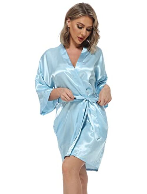 Women's Pure Color Satin Kimono Robes Bridesmaid Wedding Party Dressing Gown,Short