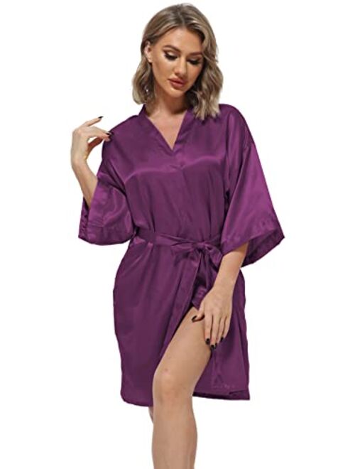 Women's Pure Color Satin Kimono Robes Bridesmaid Wedding Party Dressing Gown,Short