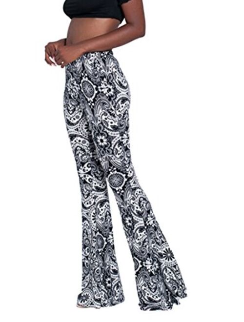 Pink Wind Women's Bell Bottom Pants High Waist Flare Boho Print Maxi Trousers