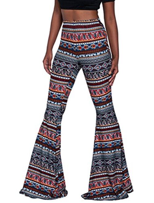 Pink Wind Women's Bell Bottom Pants High Waist Flare Boho Print Maxi Trousers