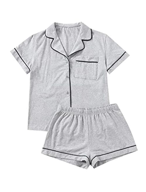 Floerns Women's Notch Collar Short Sleeve Sleepwear Two Piece Pajama Set