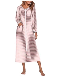 Women Long House Coat Zipper Front Robes Full Length Nightgowns with Pockets Striped Loungewear