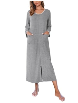 Women Long House Coat Zipper Front Robes Full Length Nightgowns with Pockets Striped Loungewear