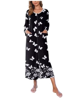 Women Long House Coat Zipper Front Robes Full Length Nightgowns with Pockets Striped Loungewear