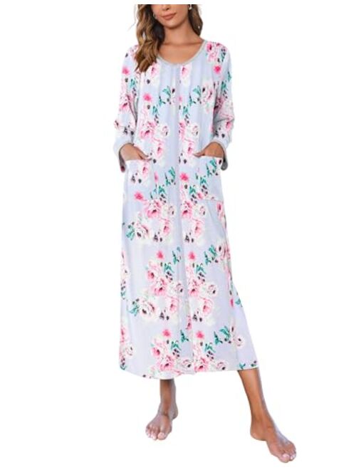 Ekouaer Women Long House Coat Zipper Front Robes Full Length Nightgowns with Pockets Striped Loungewear