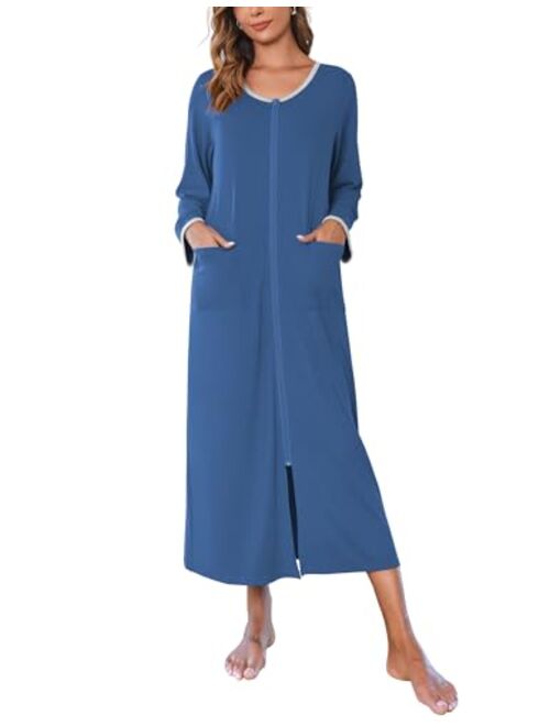 Ekouaer Women Long House Coat Zipper Front Robes Full Length Nightgowns with Pockets Striped Loungewear