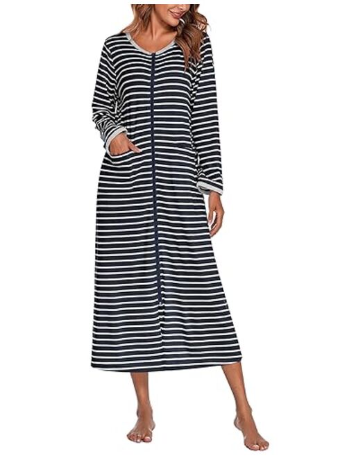 Ekouaer Women Long House Coat Zipper Front Robes Full Length Nightgowns with Pockets Striped Loungewear