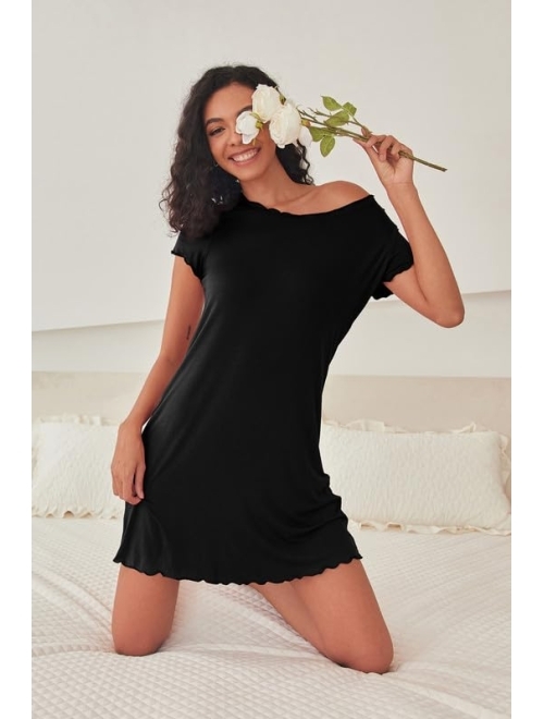 Ekouaer Womens Sleepshirt Short Sleeve Ruffle Seams Nightgown Soft Sleeping Shirts Loungewear Nightshirts