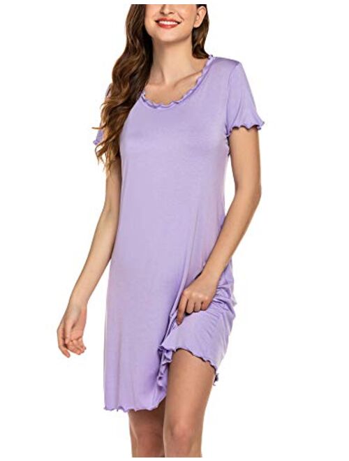 Ekouaer Womens Sleepshirt Short Sleeve Ruffle Seams Nightgown Soft Sleeping Shirts Loungewear Nightshirts