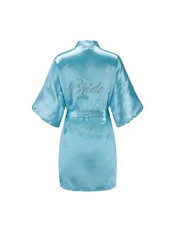 EPLAZA Women's One Size Silver Rhinestones Bride Bridesmaid Short Satin Robes for Wedding Party Getting Ready