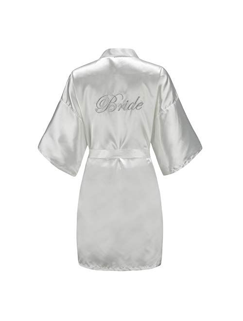 EPLAZA Women's One Size Silver Rhinestones Bride Bridesmaid Short Satin Robes for Wedding Party Getting Ready