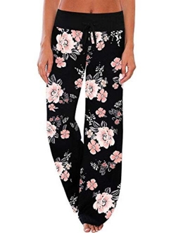 AMiERY Women's Pajama Lounge Pants Floral Striped Polka Dot Print Comfy Casual Stretch Palazzo Bottoms Pants Wide Leg