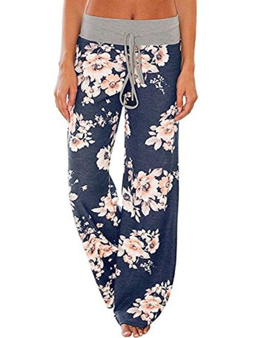 AMiERY Women's Pajama Lounge Pants Floral Striped Polka Dot Print Comfy Casual Stretch Palazzo Bottoms Pants Wide Leg