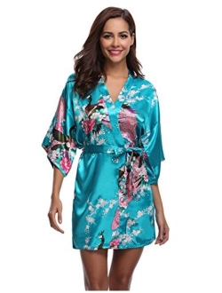 Aibrou Women's Kimono Robe Satin Peacock Bathrobe Short Silk Bridal Robe