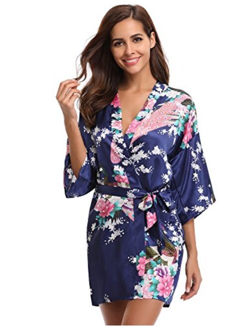 Aibrou Women's Kimono Robe Satin Peacock Bathrobe Short Silk Bridal Robe