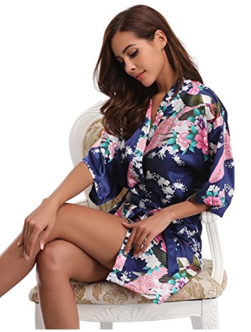 Aibrou Women's Kimono Robe Satin Peacock Bathrobe Short Silk Bridal Robe