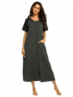 Women Robes Zipper Front Short Sleeve Full Length Housecoat with Pockets Loungewear