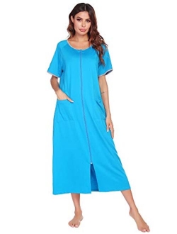 Women Robes Zipper Front Short Sleeve Full Length Housecoat with Pockets Loungewear