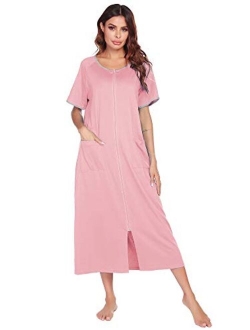 Women Robes Zipper Front Short Sleeve Full Length Housecoat with Pockets Loungewear