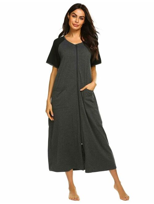 Ekouaer Women Robes Zipper Front Short Sleeve Full Length Housecoat with Pockets Loungewear