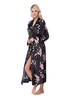 Lavenderi Women's Long Classic Satin Kimono Lounge Bathrobe Robe