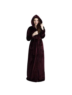 Long Hooded Robe for Women Luxurious Flannel Fleece Full Length Bathrobe Winter Warm Pajamas Shower Nightgown