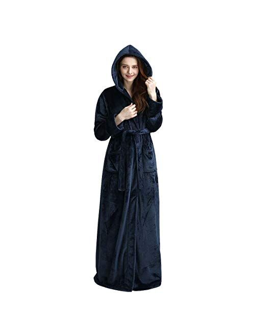 Long Hooded Robe for Women Luxurious Flannel Fleece Full Length Bathrobe Winter Warm Pajamas Shower Nightgown