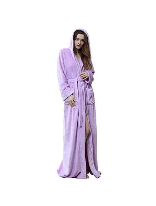 Long Hooded Robe for Women Luxurious Flannel Fleece Full Length Bathrobe Winter Warm Pajamas Shower Nightgown