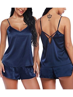 RSLOVE Women V Neck Sexy Lingerie Satin Sleepwear Pajamas Cami Shorts Set Nightwear