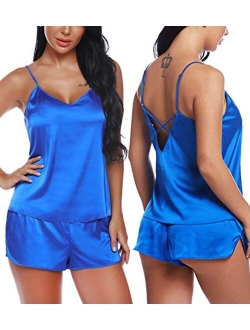 RSLOVE Women V Neck Sexy Lingerie Satin Sleepwear Pajamas Cami Shorts Set Nightwear