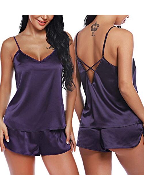 RSLOVE Women V Neck Sexy Lingerie Satin Sleepwear Pajamas Cami Shorts Set Nightwear