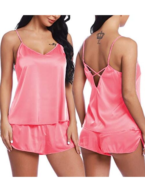 RSLOVE Women V Neck Sexy Lingerie Satin Sleepwear Pajamas Cami Shorts Set Nightwear