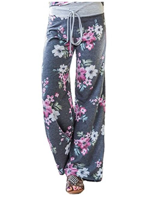 Assivia Women's Summer Casual Pajama Pants Floral Print Drawstring Palazzo Lounge Pants Wide Leg