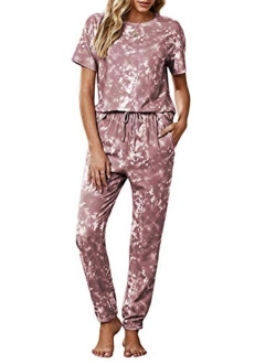 Womens Tie Dye Printed Pajamas Lounge Set Short Sleeve Tee Shirt Tops and Pants Joggers Sleepwear