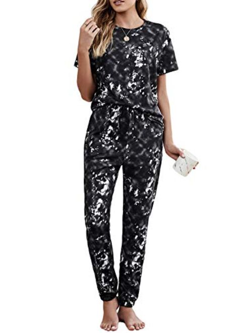 Asvivid Womens Tie Dye Printed Pajamas Lounge Set Short Sleeve Tee Shirt Tops and Pants Joggers Sleepwear