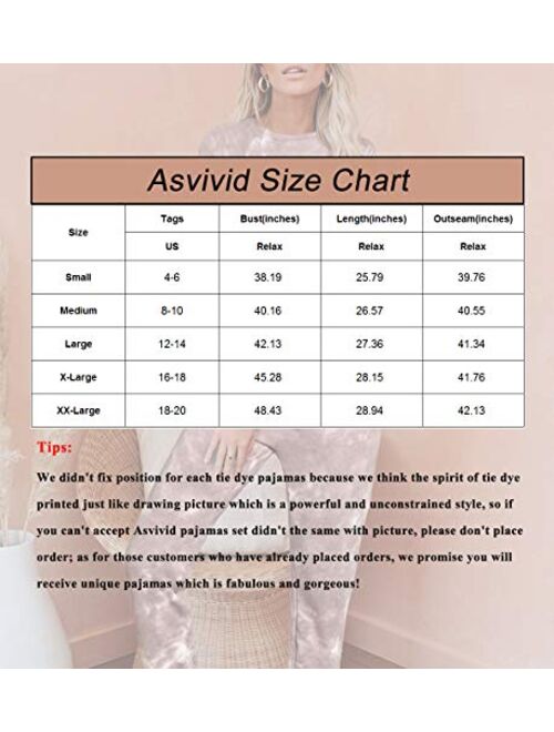 Asvivid Womens Tie Dye Printed Pajamas Lounge Set Short Sleeve Tee Shirt Tops and Pants Joggers Sleepwear