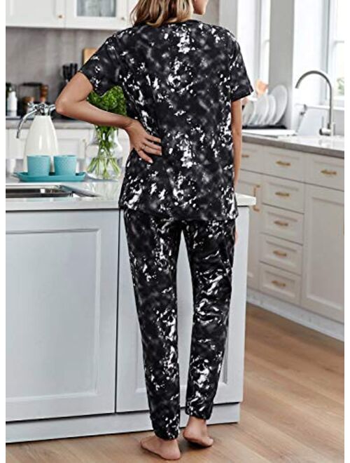 Asvivid Womens Tie Dye Printed Pajamas Lounge Set Short Sleeve Tee Shirt Tops and Pants Joggers Sleepwear