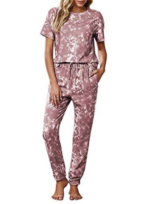 Asvivid Womens Tie Dye Printed Pajamas Lounge Set Short Sleeve Tee Shirt Tops and Pants Joggers Sleepwear