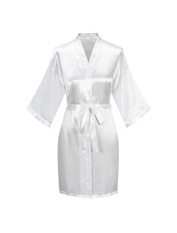 Women's Short Kimono Robe Pure Color Silky Bathrobe Bridal Party Dressing Gown