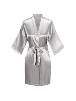 Women's Short Kimono Robe Pure Color Silky Bathrobe Bridal Party Dressing Gown