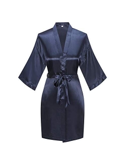 Women's Short Kimono Robe Pure Color Silky Bathrobe Bridal Party Dressing Gown