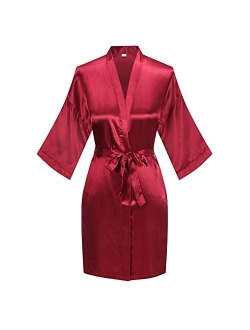 Women's Short Kimono Robe Pure Color Silky Bathrobe Bridal Party Dressing Gown