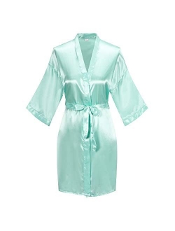 Women's Short Kimono Robe Pure Color Silky Bathrobe Bridal Party Dressing Gown