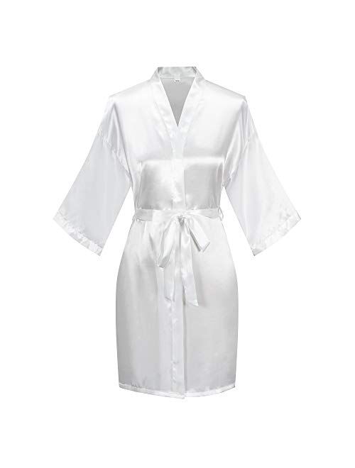 Women's Short Kimono Robe Pure Color Silky Bathrobe Bridal Party Dressing Gown