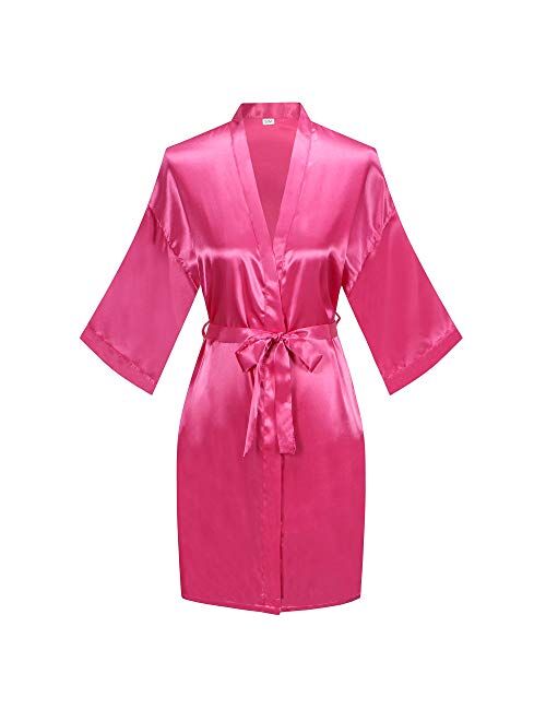 Women's Short Kimono Robe Pure Color Silky Bathrobe Bridal Party Dressing Gown