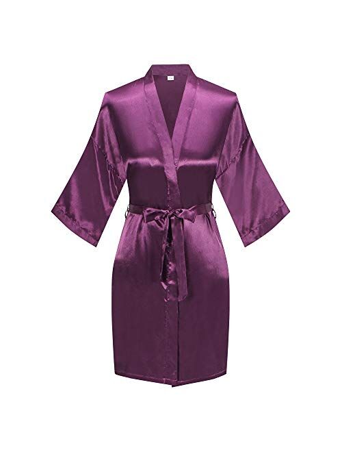 Women's Short Kimono Robe Pure Color Silky Bathrobe Bridal Party Dressing Gown