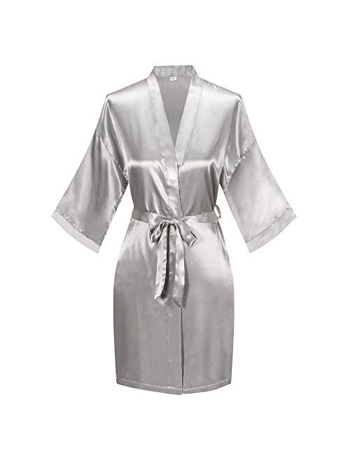 Women's Short Kimono Robe Pure Color Silky Bathrobe Bridal Party Dressing Gown