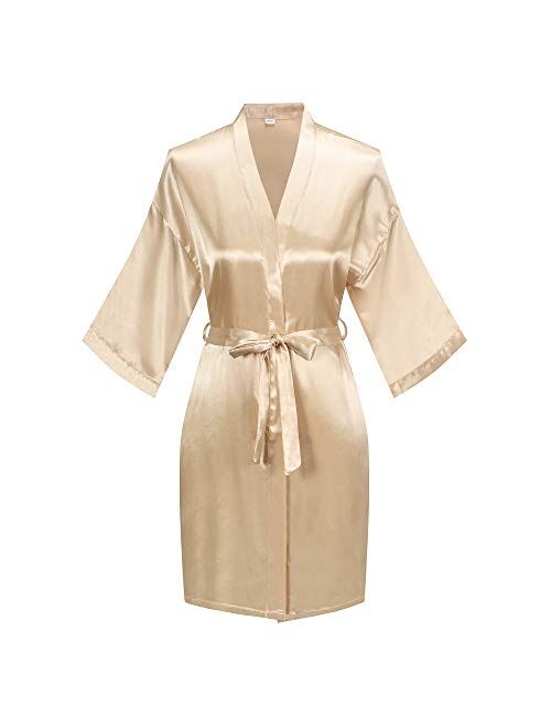 Women's Short Kimono Robe Pure Color Silky Bathrobe Bridal Party Dressing Gown